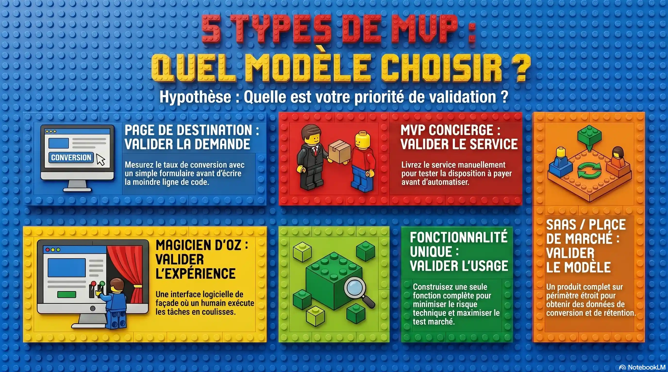 Infographie LEGO « 5 types de MVP : quel modèle choisir » selon la priorité de validation : page de destination pour valider la demande, MVP concierge pour valider le service livré à la main, Magicien d'Oz pour valider l'expérience avec un humain en coulisses, fonctionnalité unique pour valider l'usage, SaaS ou place de marché pour valider le modèle économique