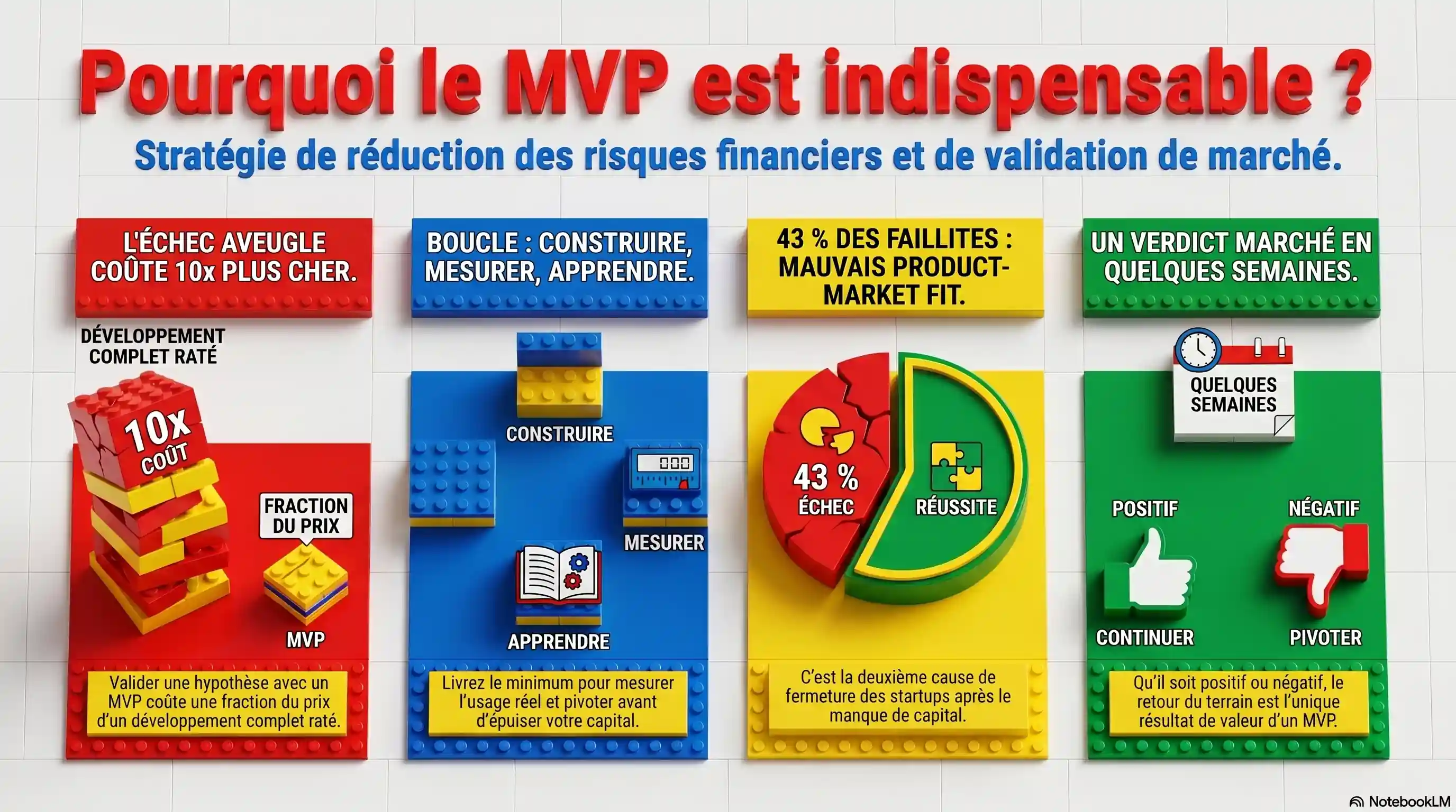 Infographie LEGO « Pourquoi le MVP est indispensable » : un MVP réduit le risque financier car l'échec aveugle coûte 10 fois plus cher, la boucle construire-mesurer-apprendre permet de pivoter avant d'épuiser son capital, 43 pour cent des faillites de startups viennent d'un mauvais product-market fit, et le MVP livre un verdict marché en quelques semaines