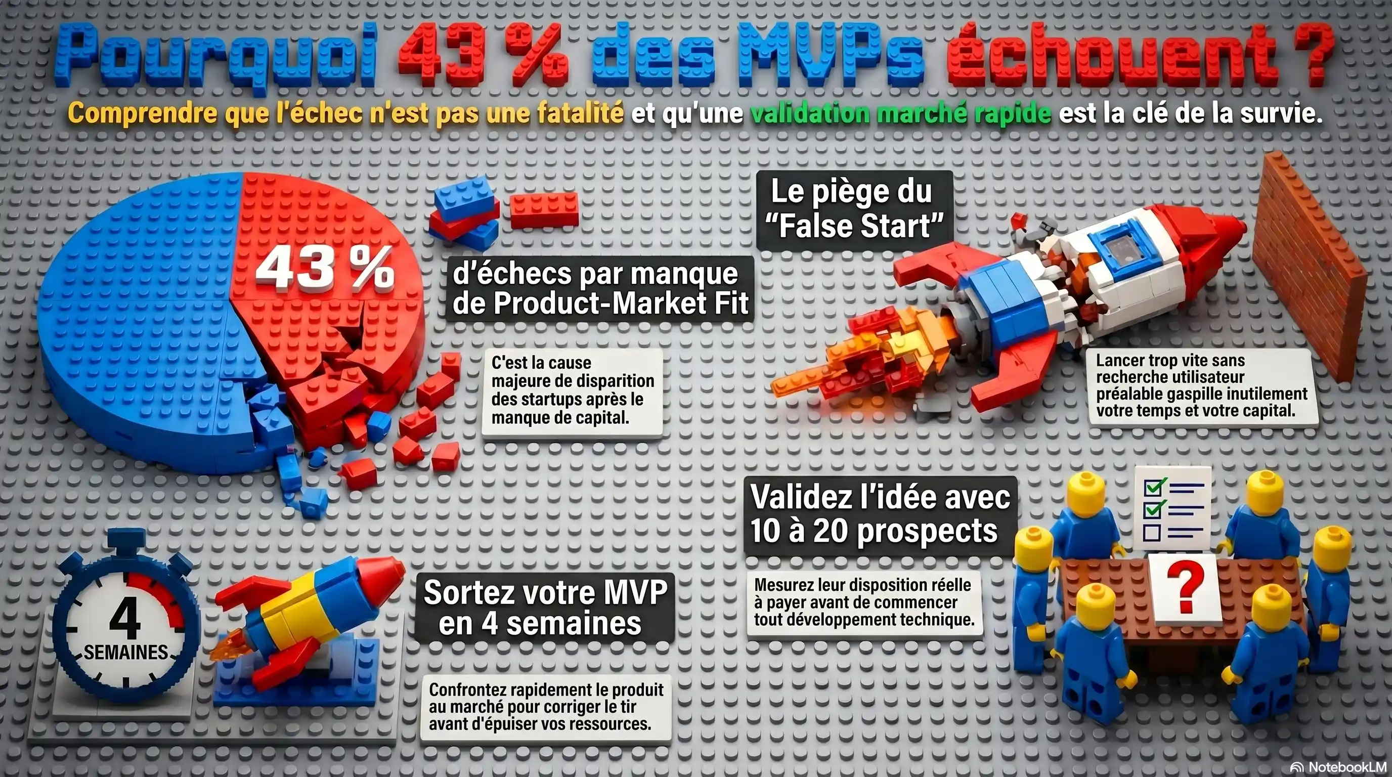 Infographie LEGO sur les causes d'échec des MVP de startup en 2026 et comment les éviter : 43 pour cent des fermetures sont liées à un product-market fit raté selon CB Insights, deuxième cause majeure après le manque de capital, piège du False Start identifié par Tom Eisenmann (Harvard Business School) qui consiste à lancer trop vite sans recherche utilisateur préalable et gaspille temps et capital, défense par la validation de l'idée auprès de 10 à 20 prospects pour mesurer la disposition réelle à payer avant tout développement technique, puis sortie du MVP en 4 semaines maximum pour confronter rapidement le produit au marché