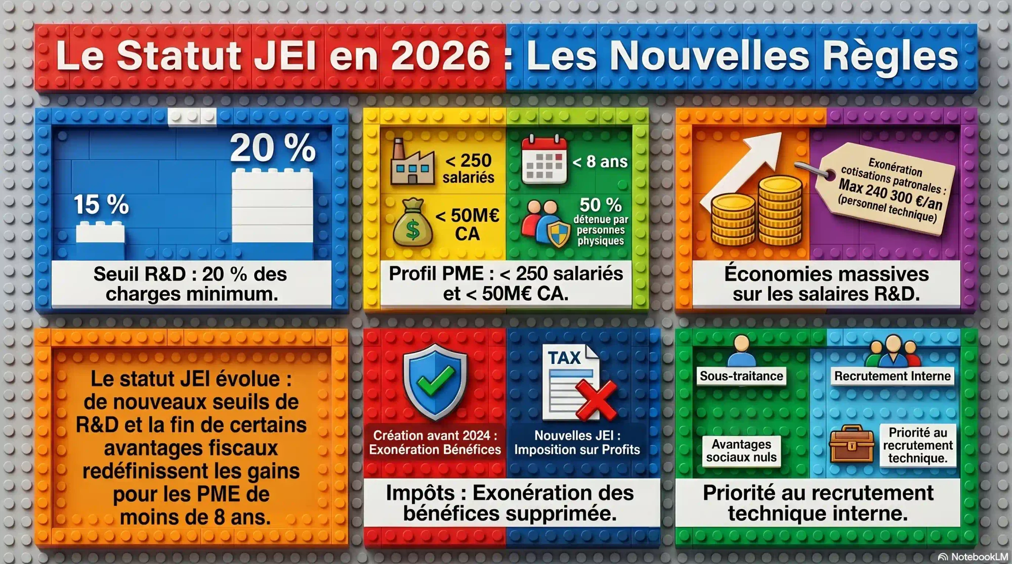 Infographie LEGO sur le statut jeune entreprise innovante (JEI) en 2026 et ses nouvelles règles : seuil de recherche et développement relevé de 15 à 20 pour cent des charges, profil PME de moins de 250 salariés et moins de 50 millions d'euros de chiffre d'affaires, entreprise de moins de 8 ans détenue à 50 pour cent par des personnes physiques, exonération de cotisations patronales plafonnée à 240 300 euros par an sur le seul personnel technique R&D, suppression de l'exonération d'impôt sur les bénéfices pour les JEI créées à partir de 2024, et avantage social nul en cas de sous-traitance qui pousse au recrutement technique interne