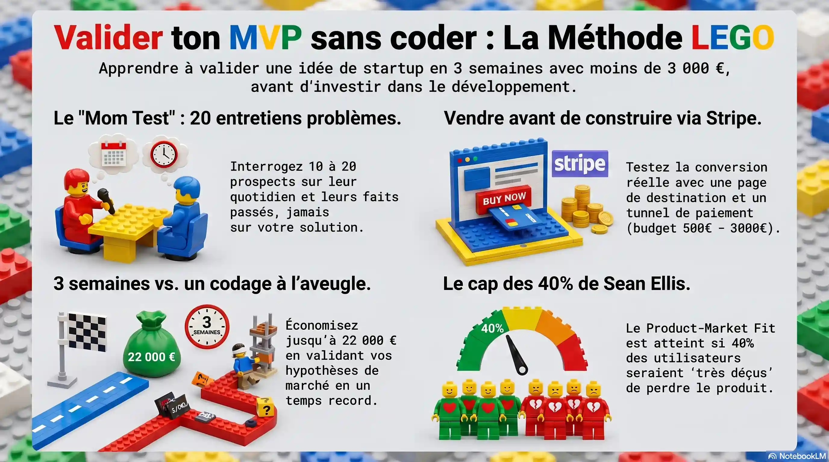 Infographie LEGO « Valider ton MVP sans coder » : valider une idée de startup en 3 semaines pour moins de 3 000 € via le Mom Test (10 à 20 entretiens problème), une page de destination avec tunnel de paiement Stripe pour vendre avant de construire, jusqu'à 22 000 € économisés face à un codage à l'aveugle, et le test de Sean Ellis (40 pour cent d'utilisateurs très déçus) pour confirmer le product-market fit