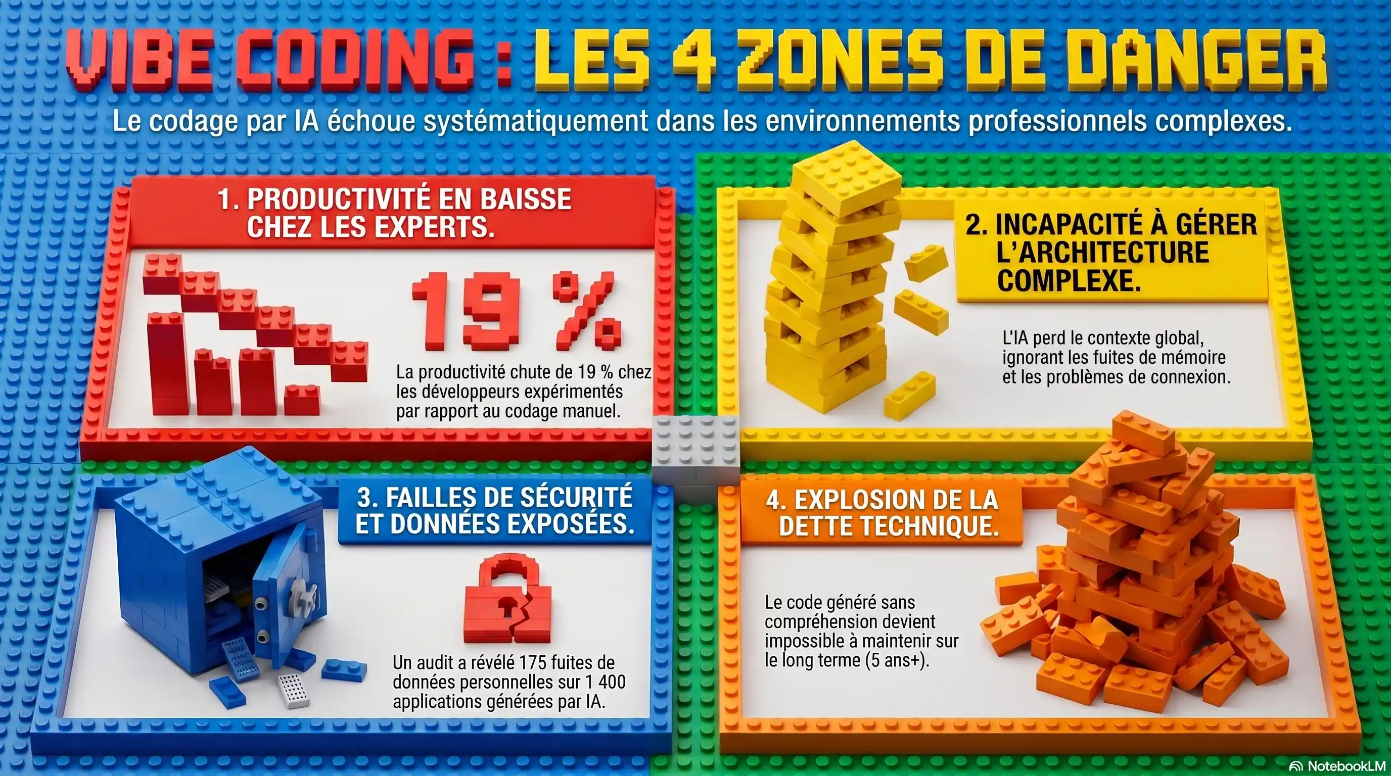 Infographie LEGO sur les 4 zones de danger du vibe coding en 2026 où le codage par IA échoue systématiquement : productivité en baisse de 19 pour cent chez les développeurs expérimentés selon METR 2025, incapacité à gérer une architecture complexe avec perte du contexte global et fuites de mémoire, failles de sécurité avec 175 fuites de données personnelles documentées par Escape sur 5600 applications IA, explosion de la dette technique sur les codes propriétaires destinés à tenir 5 ans et plus