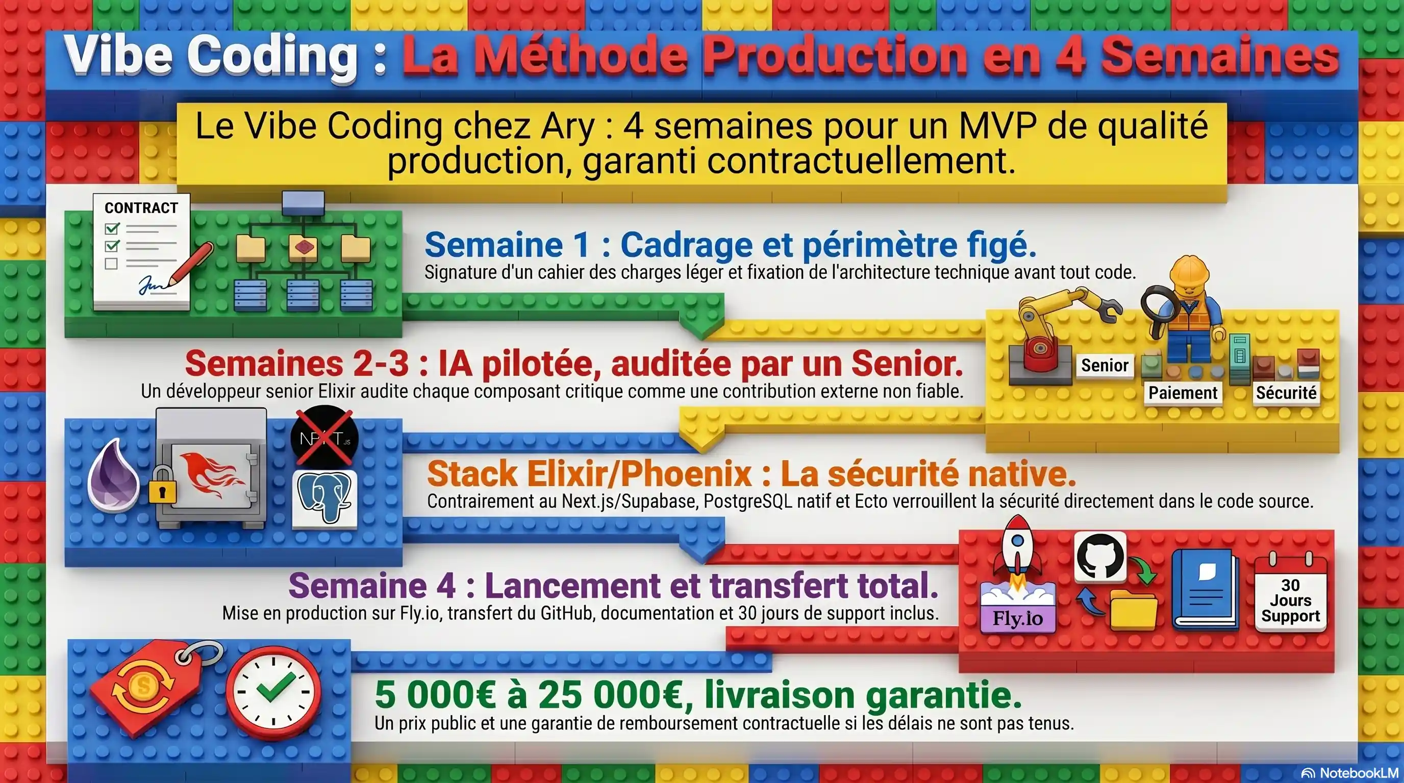 Infographie LEGO sur la méthode Ary qui fait tenir le vibe coding en production en 4 semaines avec garantie contractuelle : semaine 1 cadrage avec cahier des charges léger signé et architecture technique fixée avant tout code, semaines 2-3 IA pilotée et auditée par un développeur senior Elixir sur chaque composant critique paiement authentification sécurité, stack Elixir/Phoenix LiveView avec PostgreSQL natif et Ecto pour la sécurité native sans Next.js Supabase, semaine 4 lancement sur Fly.io avec transfert GitHub documentation et 30 jours de support, prix 5000 à 25000 euros livraison garantie