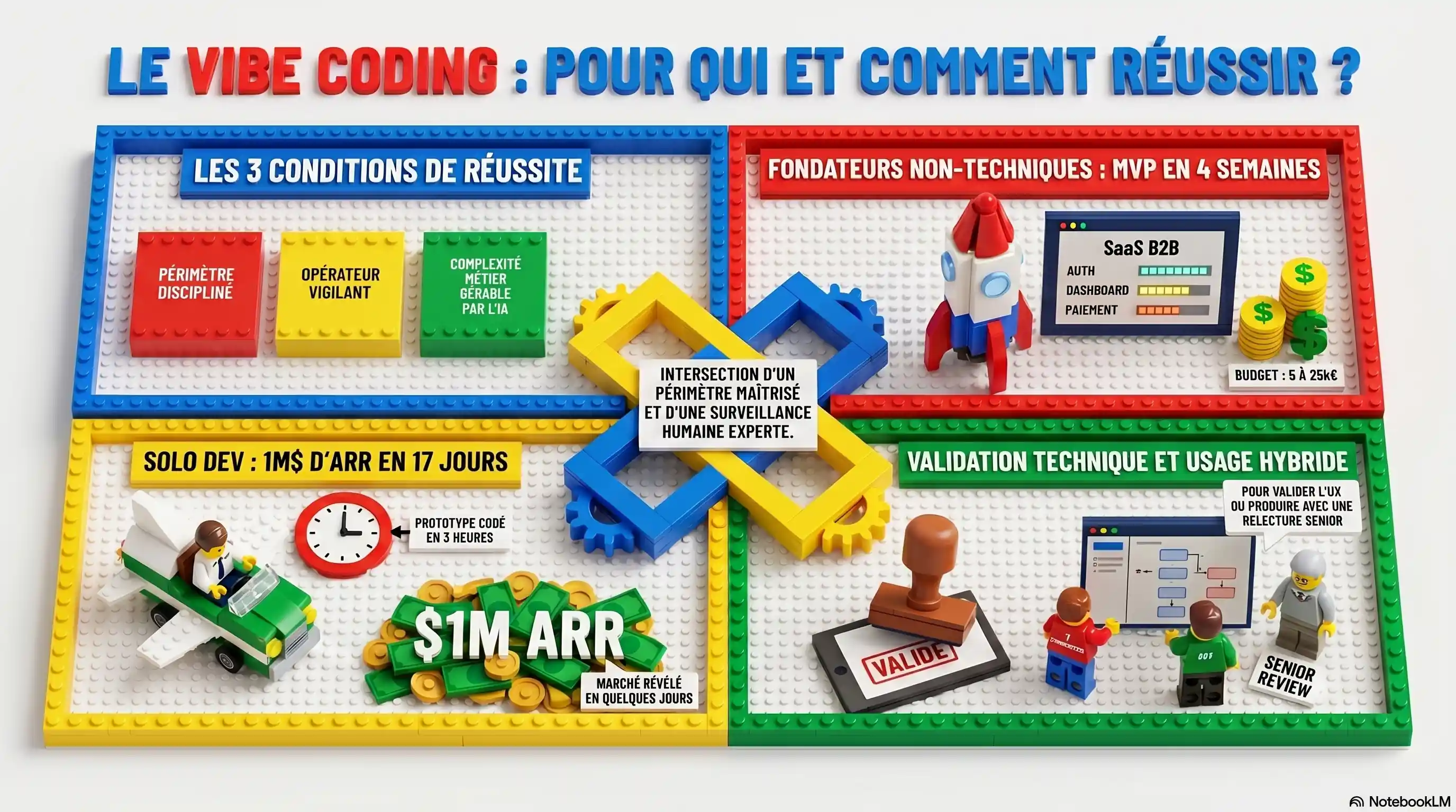 Infographie LEGO sur les 3 conditions de réussite du vibe coding en 2026 : périmètre discipliné, opérateur vigilant, complexité métier gérable par l'IA ; cibles validées — fondateur non technique sur MVP B2B SaaS livré en 4 semaines à 5-25K€, fondateur solo qui prototype en quelques heures comme Pieter Levels avec 1 million de dollars d'ARR en 17 jours, validation UX par équipe technique avec relecture senior systématique