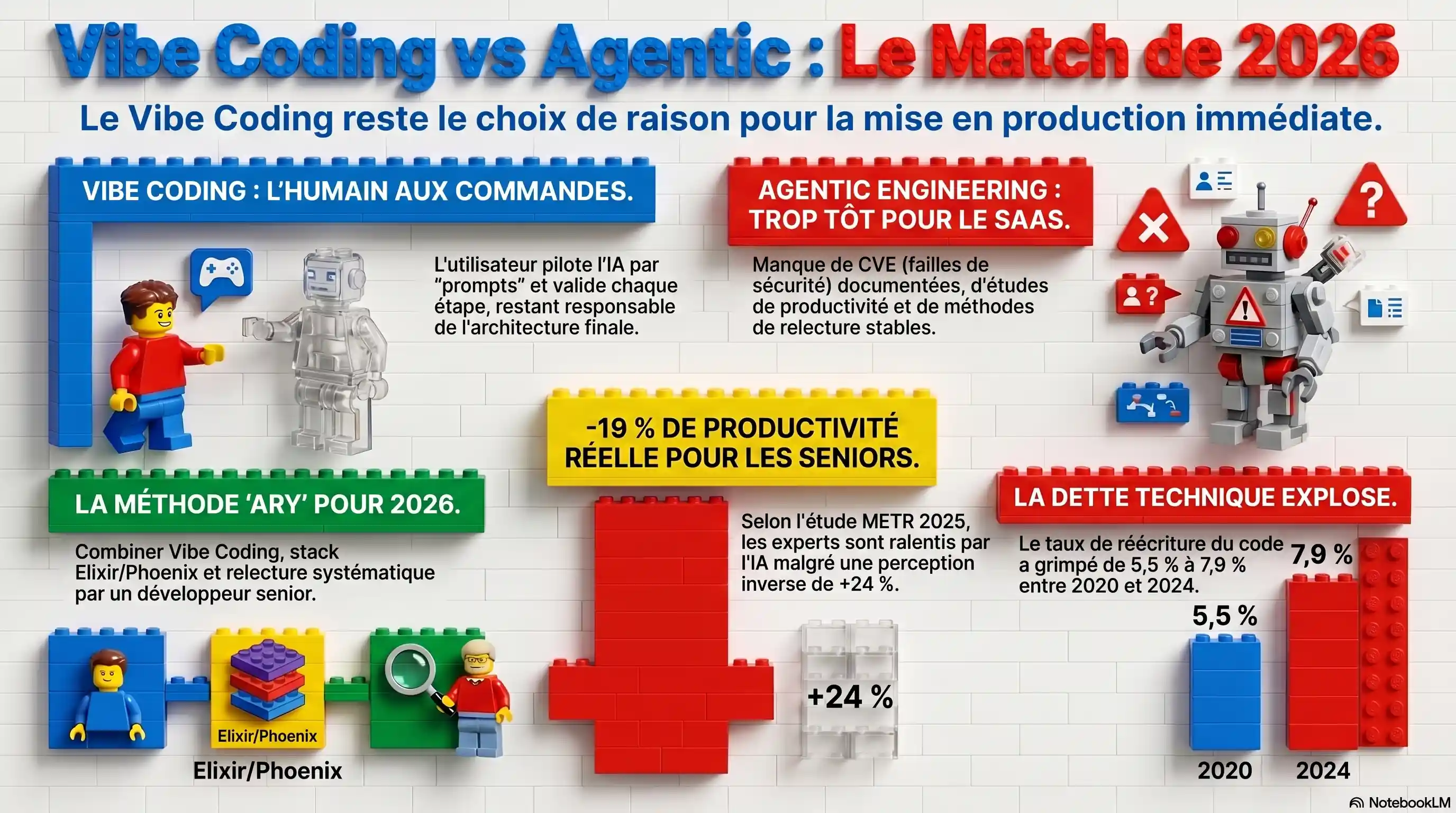Infographie LEGO comparative entre vibe coding et agentic engineering en 2026 : vibe coding avec l'humain aux commandes qui pilote l'IA par prompts et valide chaque étape en restant responsable de l'architecture finale, agentic engineering trop tôt pour le SaaS B2B avec manque de CVE documentées d'études de productivité indépendantes et de méthodes de relecture stabilisées, productivité réelle des seniors à -19 pour cent selon METR 2025 malgré perception inverse, dette technique en hausse de 5,5 à 7,9 pour cent entre 2020 et 2024 selon GitClear, méthode Ary pour 2026 combinant vibe coding et stack Elixir/Phoenix avec relecture systématique par un développeur senior